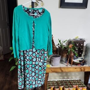 AGB Teal Cardigan and Black Geometric Dress Set